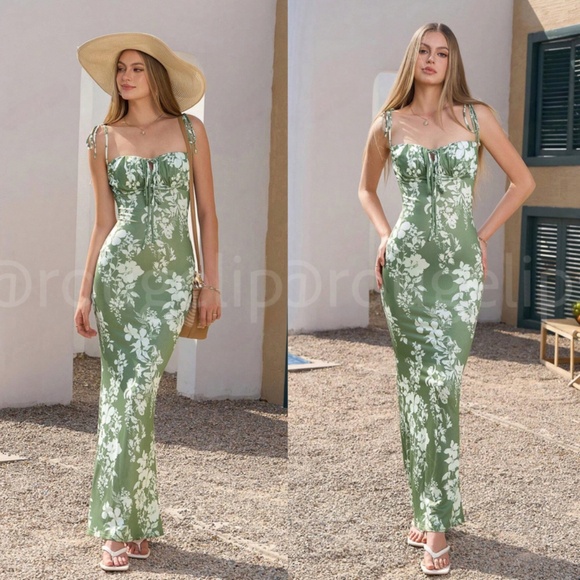 Floral Print White on Green Long Dress Sheath, Drawstring Ties Maxi Stretchy - Picture 7 of 16